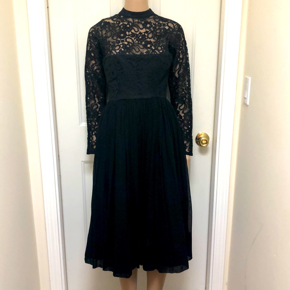 Vintage 1950’s Black Lace & Chiffon Midi Dress